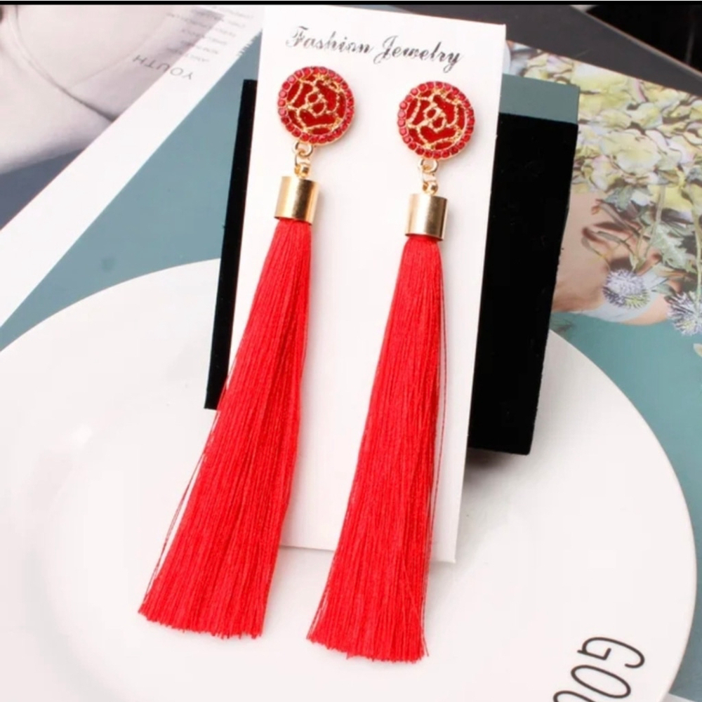 Silk Earrings Red Tassel earrings 3 inch Dangle Earrings Gift For Her